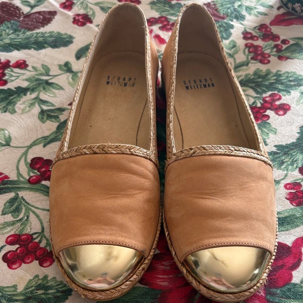 Stuart Weitzman Tipadrille Tan Espadrilles Flats with Gold Cap Toe loafers shoes